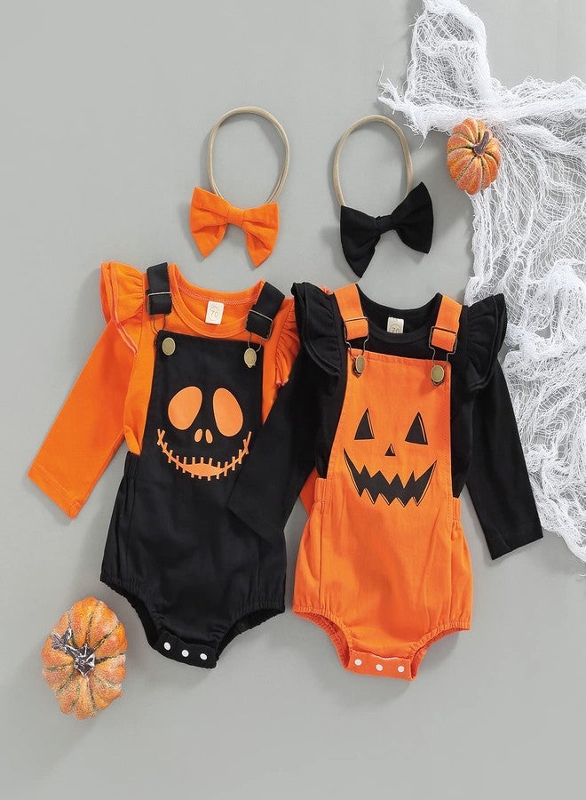 LouVasabuce Newborn Halloween Baby Girls Outfit Fly Long Sleeve Ribbed Tops+ Pumpkin Ghost Printing Suspender Romper+ Headwear (Orange, 3-6 Months) - Image 2